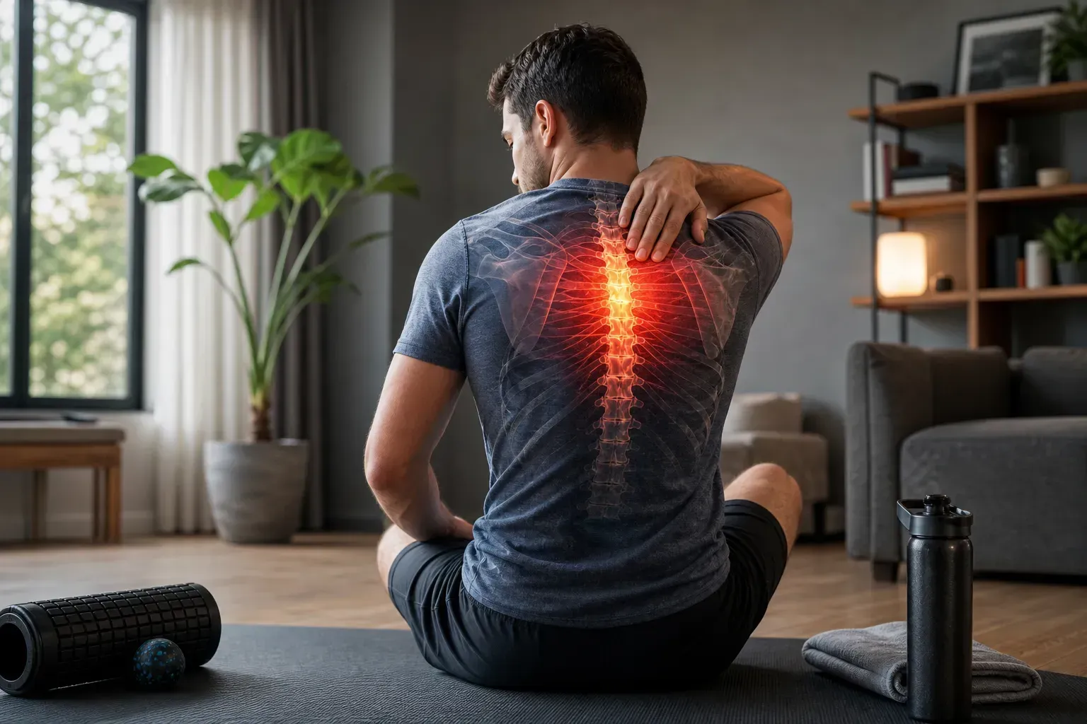 Person sitting on a yoga mat holding their shoulder, with glowing red pain in the upper back and a living room setting