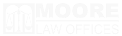 Moore Law Offices logo with stylized courthouse icon and pale gray text on white background