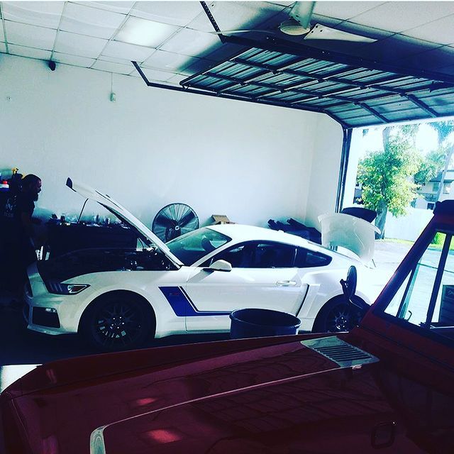 White Ford Mustang with blue stripes in a garage, hood and trunk open.
