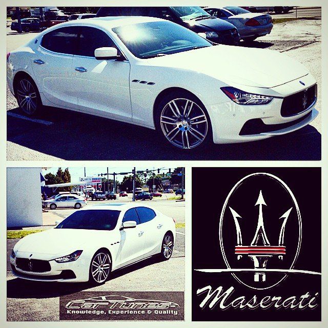 White Maserati sedan, two views, with the Maserati logo in the bottom right corner.