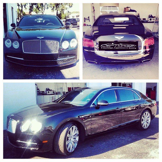 Three views of a black Bentley sedan: front, rear, and side. Shiny exterior, large chrome grille, and tinted windows.