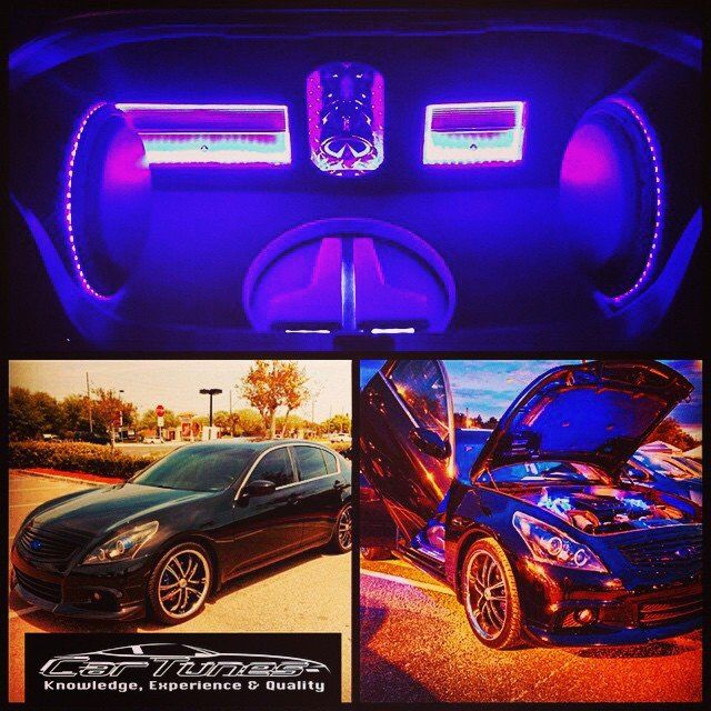 Black car with interior trunk customization and blue LED lighting. Lower images show car with doors open and in a parking lot.