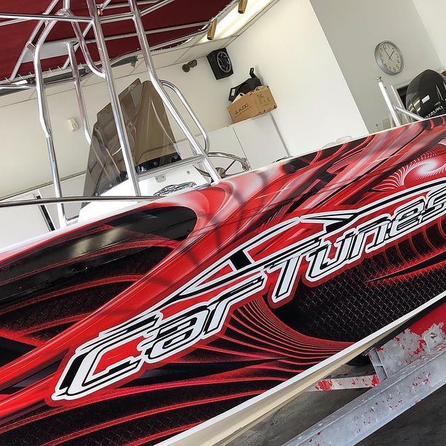 Red and black boat decal with 