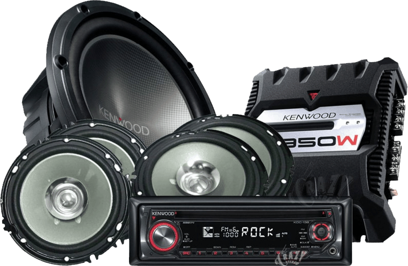 Car audio system: subwoofer, speakers, amplifier, and head unit, all Kenwood brand, black and silver.