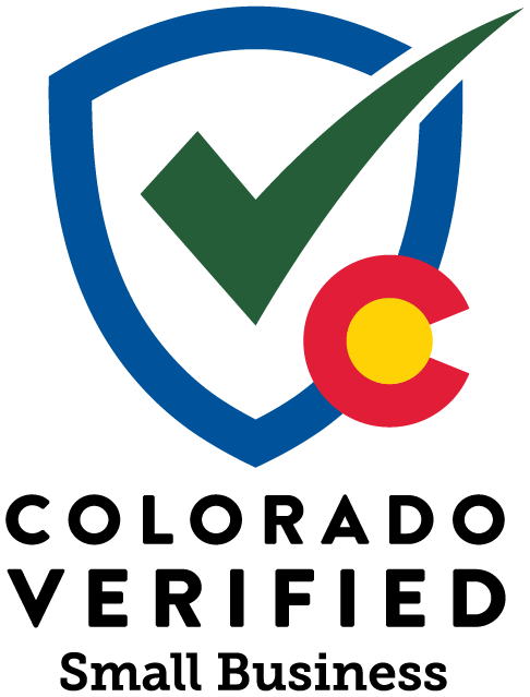 Colorado Verified Small Business logo: blue shield with green checkmark, Colorado flag emblem.
