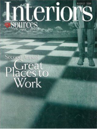 A magazine cover for interiors sources shows a man standing on a checkered floor
