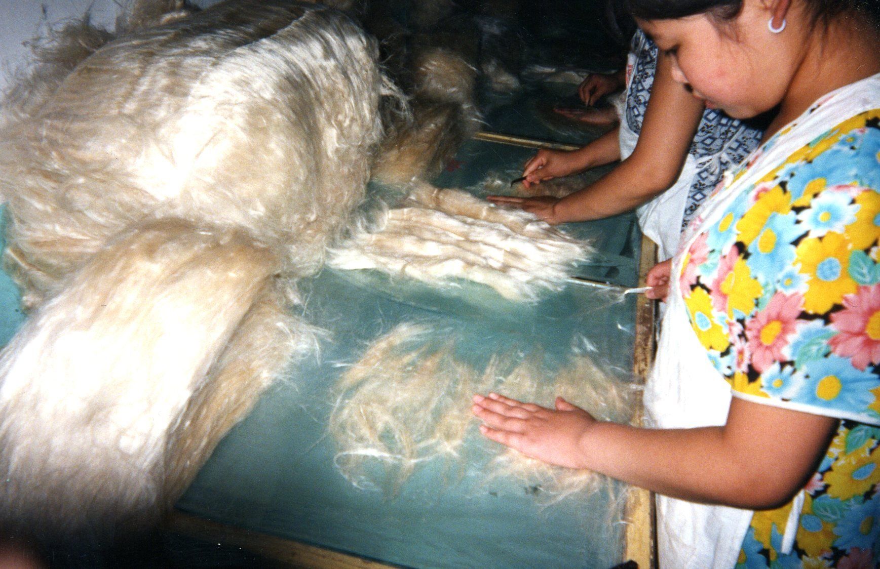A woman in a floral dress is working on a piece of wool