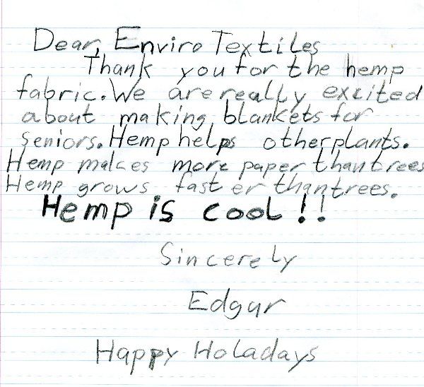 A handwritten note on a piece of paper that says dear enviro textiles thank you for the hemp fabric