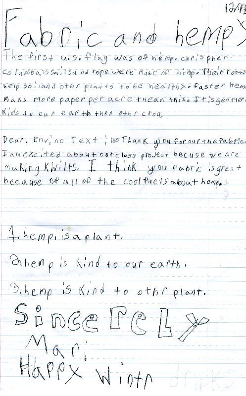 A letter is written on a piece of paper that says fabric and hemps.
