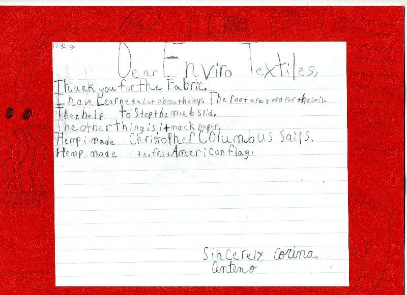 A thank you note from a child to envio textiles