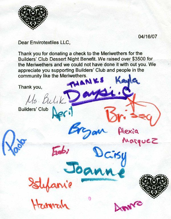 A thank you letter from the meriwethers club