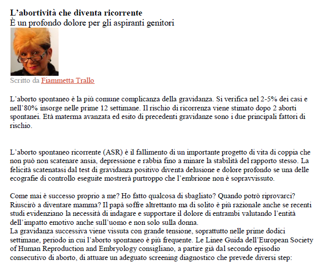 Articolo italiano sull'aborto, con un piccolo ritratto e diversi paragrafi di testo su una pagina bianca.