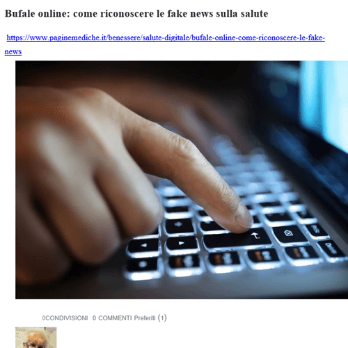 Mani che digitano sulla tastiera di un computer portatile con il titolo di un articolo su come riconoscere le notizie false in ambito sanitario online.