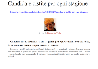 Diapositiva intitolata “Candida e cistite per ogni stagione” con una piccola foto centrata e testo su sfondo bianco