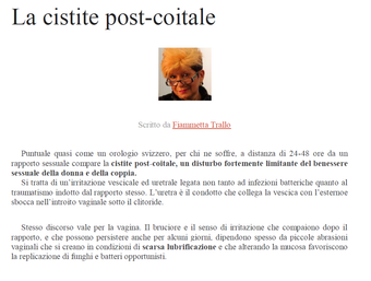 Diapositiva italiana intitolata “La cistite post-coitale” con una piccola foto di un medico e un elenco puntato di testo sopra un riquadro rosso.