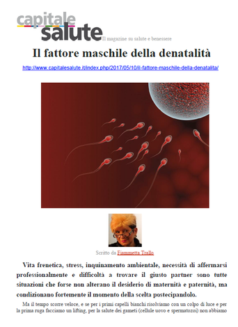 Spermatozoi che nuotano verso un ovulo su sfondo rosso, con il titolo di una rivista in alto.