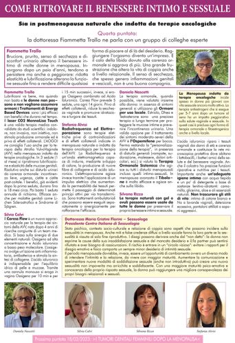 Pagina di un articolo italiano sulla salute con titolo, colonne di testo dense e cinque ritratti fotografici di professionisti del settore medico.