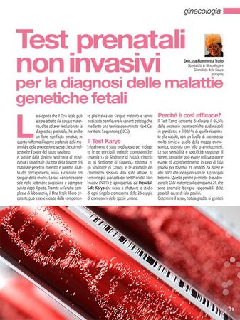 Copertina di un articolo di rivista sui test prenatali e le malattie genetiche, con l'immagine del DNA in rosso nella parte inferiore.