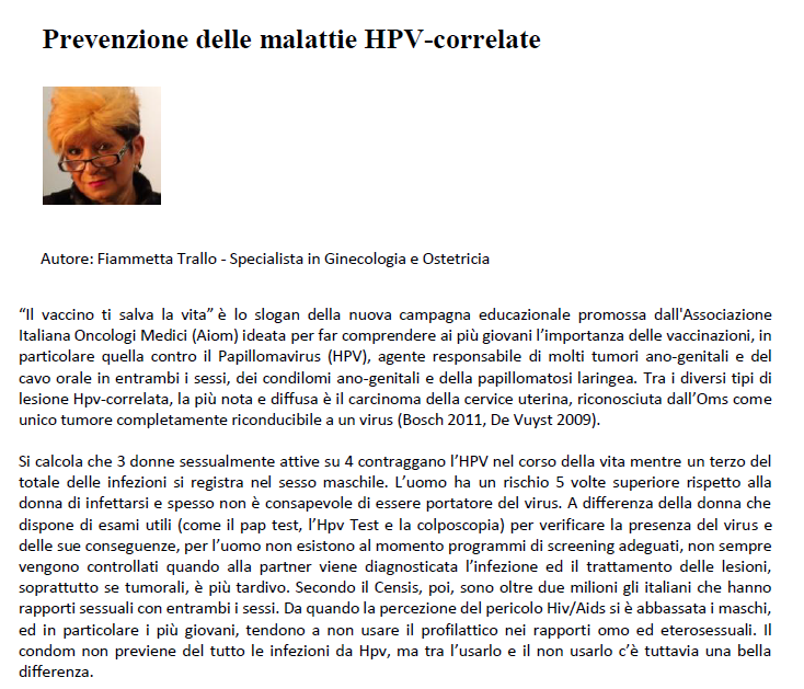 Slide in italiano sulla prevenzione del cancro da HPV con ritratto di donna e blocco di testo denso
