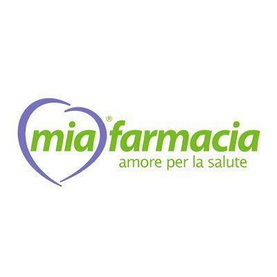 Logo di Mia Farmacia in verde e viola con contorno a forma di cuore e lo slogan “amore per la salute”