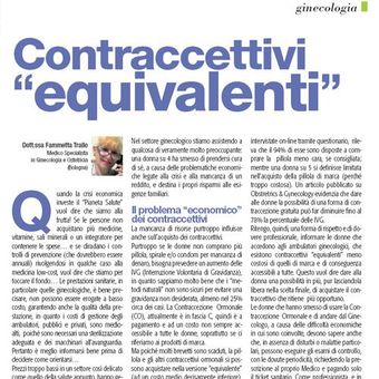 Articolo di un quotidiano italiano intitolato “Contraccetti equivalenti” con una piccola foto e dense colonne di testo