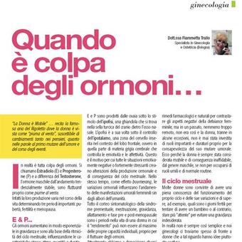 Magazine page with pink headline “Quando è colpa degli ormoni” and Italian article text on white background