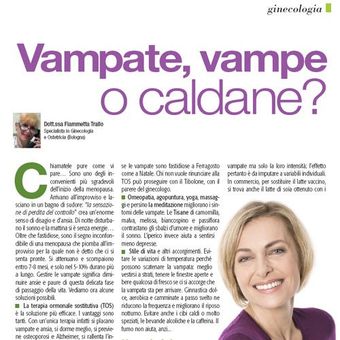 Articolo di rivista sulle vampate di calore, con una donna sorridente e un titolo in viola