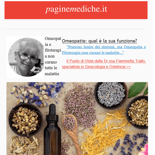 Screenshot della homepage di pagenemediche.it con ritratto del medico, link agli articoli e foto di fitoterapia.