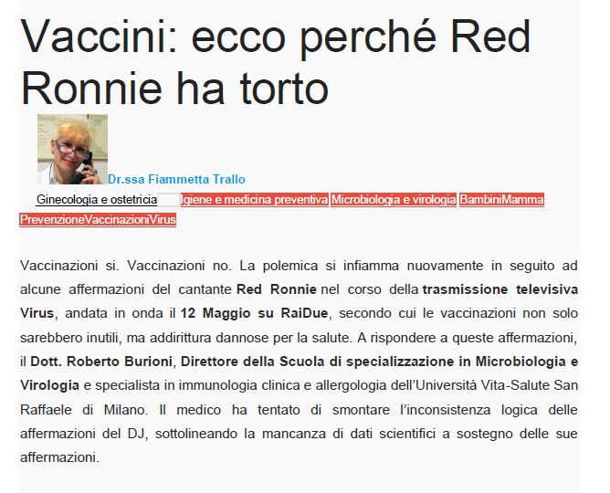 Titolo di articolo in italiano su vaccini con foto di un uomo e testo evidenziato in rosso