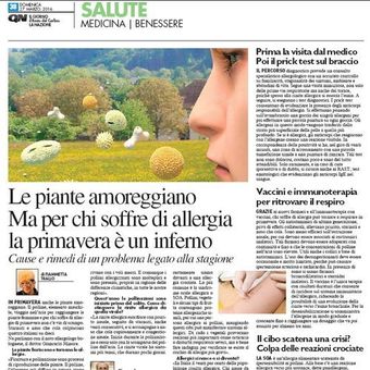 Sezione salute di un quotidiano italiano dedicata alle allergie e al polline primaverile, con una donna accanto a un campo di fiori e spore.