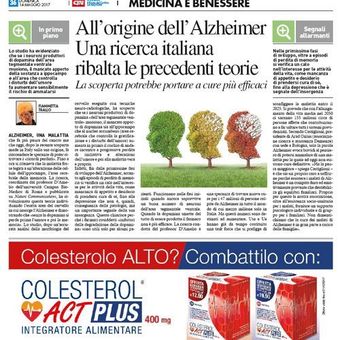 Prima pagina di un quotidiano italiano sull'Alzheimer, con un titolo e un'illustrazione di tre cime d'albero sull'erba.