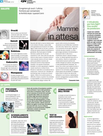 Pagina di rivista intitolata “Mamme in attesa” con una donna che si tiene la pancia in gravidanza e colonne di articoli