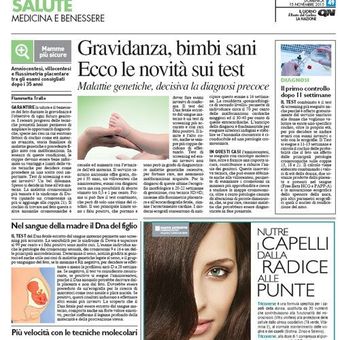 Pagina di salute di un quotidiano italiano dedicata a gravidanza, neonati e ricerca medica, con grafici e la pubblicità del volto di una donna.