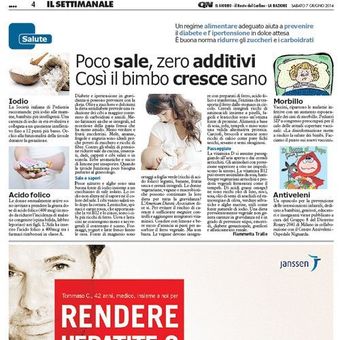Newspaper article on children’s health: “Poco sale, zero additivi. Così il bimbo cresce sano.”