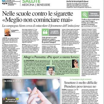 Prima pagina di un quotidiano con un articolo in italiano su come smettere di fumare, testo prevalentemente nero con evidenziazioni verdi.