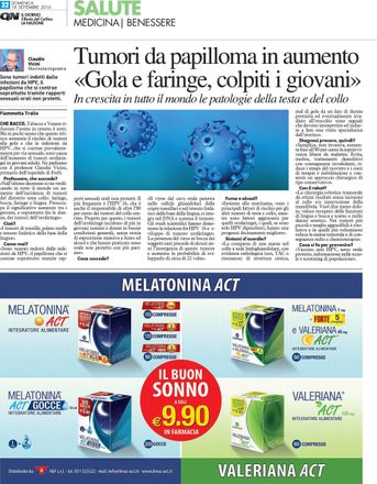 Pagina di giornale sull'aumento dei casi di influenza, con l'illustrazione del virus in blu e la pubblicità di un integratore di melatonina in basso.