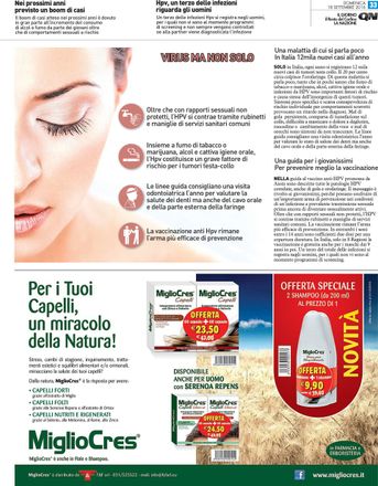 Pubblicità di Migliocres con il volto di una donna, le confezioni dei prodotti e il testo in italiano su uno sfondo bianco e verde.