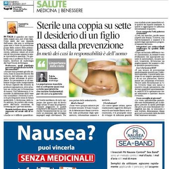 Articolo di giornale sulla salute, riguardante l'infertilità e la prevenzione, con la foto di un addome di donna incinta