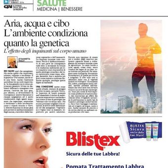 Articolo di un quotidiano italiano sulla salute, riguardante l'interazione gene-ambiente, con la silhouette di un uomo al tramonto e una pubblicità di Blistex in basso.