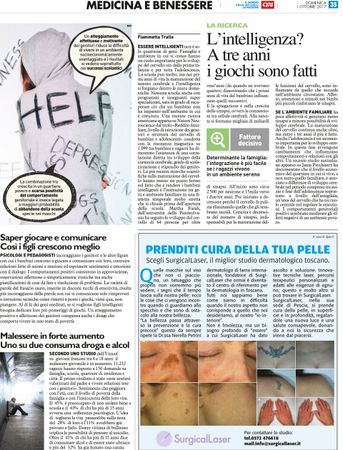 Pagina di una rivista italiana dedicata alla cura della pelle e all'acne, con titoli di articoli e foto di volti.