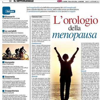 Pagina di una rivista sulla menopausa, con il titolo “L'orologio della menopausa” e la silhouette di una donna che alza le braccia.