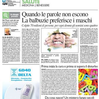 Pagina di salute di un quotidiano italiano dedicata ai disturbi del linguaggio nei bambini, con titolo e foto di un bambino e di un modello della bocca.