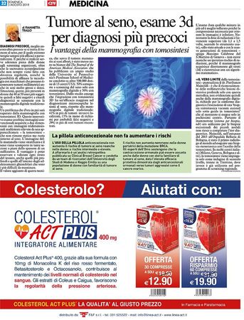 Pagina di un quotidiano italiano sulla diagnosi del cancro al seno in 3D e, in fondo, la pubblicità di un integratore di colesterolo.