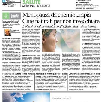 Articolo di giornale in italiano sulla salute e la menopausa dopo la chemioterapia, con la foto del profilo di una donna.