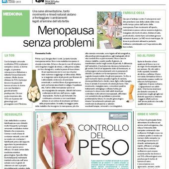 Pagina di una rivista italiana dedicata alla menopausa e al controllo del peso, con testo dell'articolo e illustrazioni a tema salute.