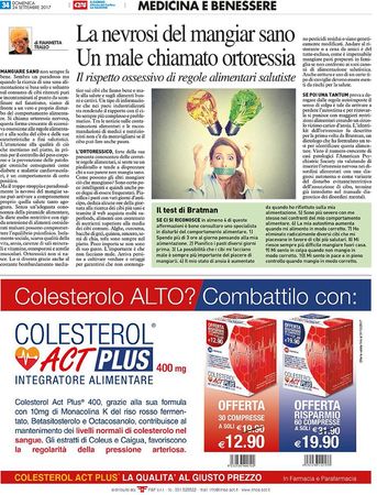 Pagina di giornale con un articolo sui disturbi alimentari e, in fondo, la pubblicità di un integratore per il colesterolo.