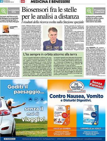 Pagina di giornale con titolo sui biosensori per l'analisi delle stelle e la foto di un uomo, oltre a pubblicità in fondo.