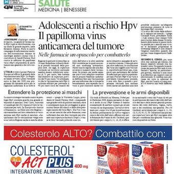 Pagina di un quotidiano italiano sull'HPV negli adolescenti e, in fondo, la pubblicità di un farmaco per il colesterolo in rosso.