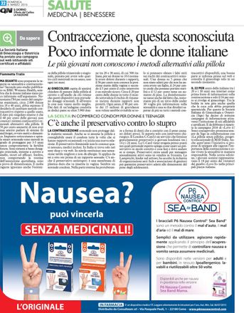Pagina di un giornale italiano con un articolo e una pubblicità blu di un farmaco contro la nausea, che mostra il segno della pace con le mani.