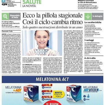 Pubblicità su un quotidiano italiano dedicata alla salute, con una donna sorridente che tiene in mano delle pillole e un titolo che parla di melatonina stagionale e ciclo del sonno.